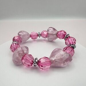 Vintage 90s Y2K Silver Tone Pink Heart Beaded Stretch Bracelet Women's Jewelry